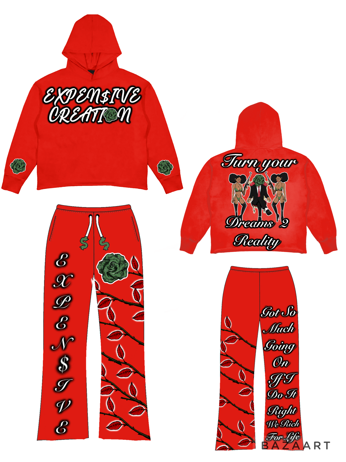 Red Acid Wash Full Flared Expen$ive Creation Sweatsuit